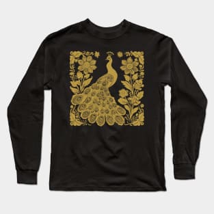 Mustard Yellow Block Print Peacock with Flowers Long Sleeve T-Shirt